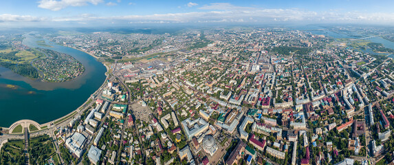 Russia, Irkutsk - July 26, 2018: Panoramic view of the city of Irkutsk from the air. Aerial Photography