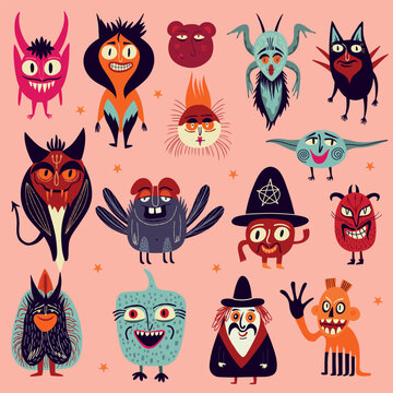A set of vibrant strange charming Halloween characters. bizarre comic magical mystical funny characters for Halloween.