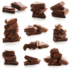 Broken chocolate bar set isolated on white background