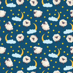 Obraz premium Seamless pattern with a sheep, moon, clouds and stars. Great design for textile, wrapping paper, packaging. Baby shower