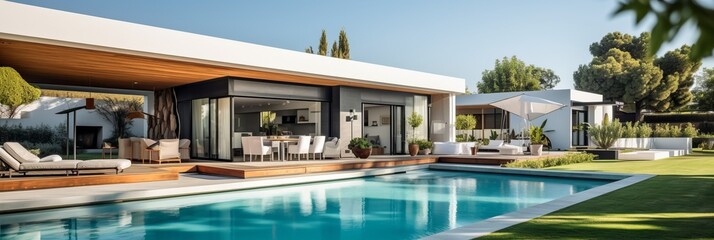 Fototapeta na wymiar Contemporary Villa with Pool and Garden. Generative AI
