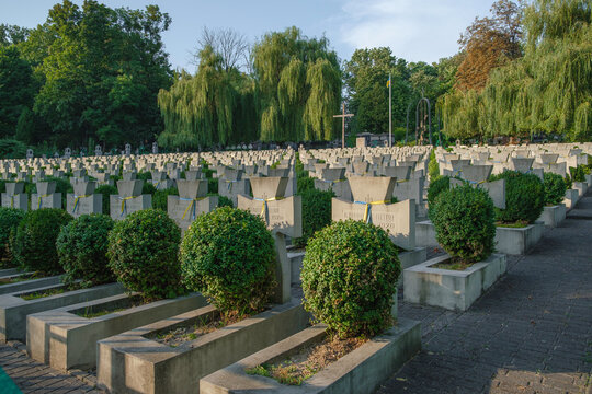 Lviv, Ukraine - 28 August 2023: Memorial of Ukrainian Sich Riflemen at Yaniv cemetery.