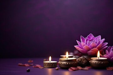 Diwali is an Indian holiday, the festival of fire. Lotus flowers and diyas oil lamps.  - obrazy, fototapety, plakaty