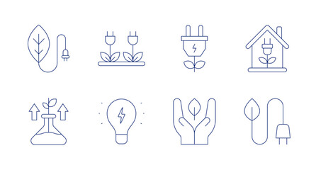 Green energy icons. Editable stroke. Containing green energy, eco house, biomass, light bulb, leaf, renewable energy.