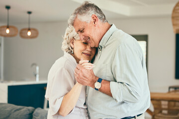 Holding hands, hug or happy old couple dancing for love, support or trust in marriage at home...