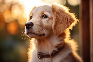Portrait of cute golden retriever puppy dog outdoor in field