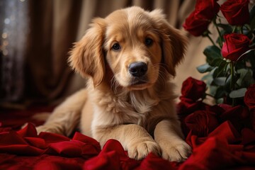 Cute golden retriever puppy with red roses flowers. Postcard for birthday, wedding, Valentines Day, March 8.