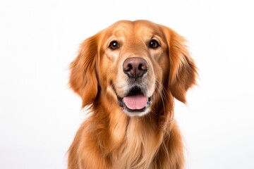 Portrait of pretty golden retriever dog isolated on white background