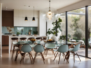 modern dining room interior design with big table and lots of chairs, outdoor window view