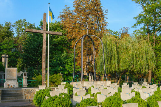 Lviv, Ukraine - 28 August 2023: Memorial of Ukrainian Sich Riflemen at Yaniv cemetery.