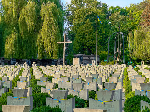 Lviv, Ukraine - 28 August 2023: Memorial of Ukrainian Sich Riflemen at Yaniv cemetery.