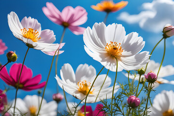 Cosmos of various colors are blooming against a blue sky with white clouds rising, Generative AI