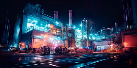 Nighttime scene of an illuminated industrial zone with lights and machinery in operation. Generative Ai