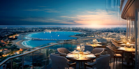 panoramic hotel restaurant overlooking the ocean or cityscape. Generative AI