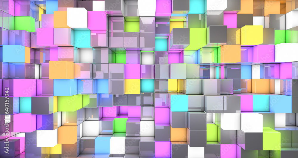 Poster 3d render abstract background color light cubes with reflection