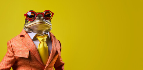 Cool looking frog wearing funky fashion dress - jacket, tie, glasses. Wide banner with space for text right side. Stylish animal posing as supermodel. Generative AI