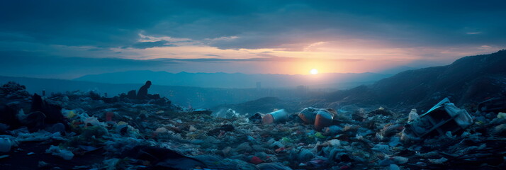 sprawling landfill site overflowing with mountains of discarded plastic waste, highlighting the issue of plastic pollution. Generative AI - obrazy, fototapety, plakaty