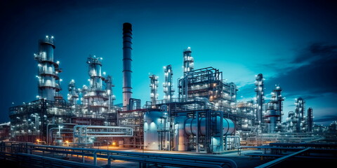 A modern petrochemical plant with intricate piping systems, distillation towers, and tanks, producing various chemical compounds. Generative AI