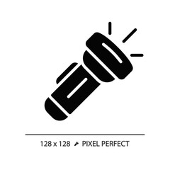2D pixel perfect glyph style flashlight icon, isolated vector, hiking gear silhouette illustration.