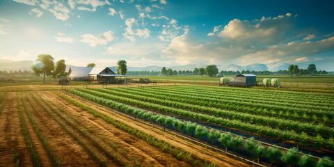 sprawling agricultural farm with fields of crops, tractors, and machinery involved in food production for a growing population.Generative AI - obrazy, fototapety, plakaty