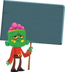 Cartoon zombie holding wooden sign. Vector illustration isolated. .Halloween design element for banner, postcard, poster.