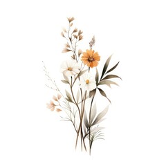 Fototapeta na wymiar Simple wildflowers art watercolour botanical boho on top of white background.