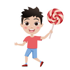 child licks lollipop. happy cute little kid boy and girl eat candy and sweets. Unhealthy eating. Lollipop. Handsome asian boy. People character