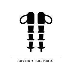2D pixel perfect glyph style hiking poles icon, isolated vector, hiking gear silhouette illustration.