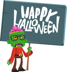 Cartoon zombie holding wooden sign. Vector illustration isolated. .Halloween design element for banner, postcard, poster.