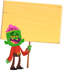 Cartoon zombie holding wooden sign. Vector illustration isolated. .Halloween design element for banner, postcard, poster.