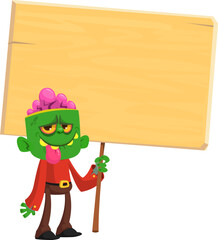 Cartoon zombie holding wooden sign. Vector illustration isolated. .Halloween design element for banner, postcard, poster.