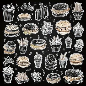 Painted burgers and other fast food on black background. Generative AI