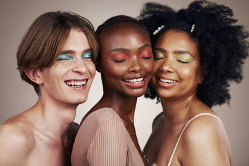 Diversity, beauty and skin, people with smile and dermatology with inclusion isolated on studio...