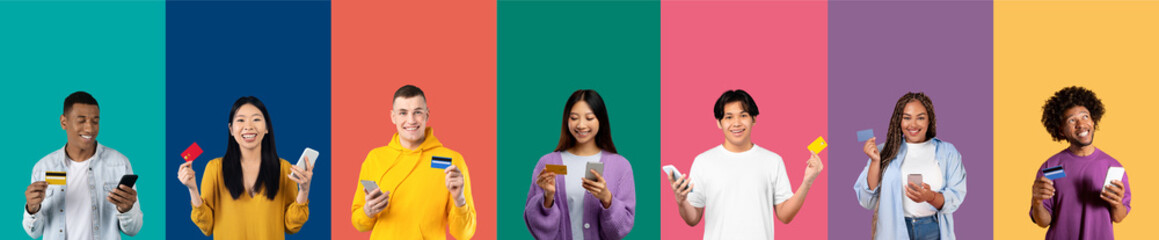 Diverse Group Of Multiracial People Holding Credit Cards And Phones