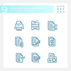 Pixel perfect blue icons representing document, editable thin line illustration set.