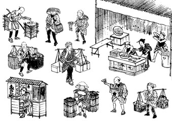 江戸時代　街の風景　商人　商売　商売道具　商品　食べ物　飲食　日本人　侍　武士　農民　女中