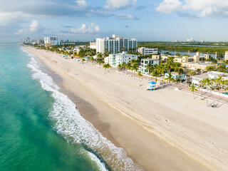 Hollywood Beach, North of Miami Beach,  from an Aerial perspective shortly after Sunrise

Miami, ...