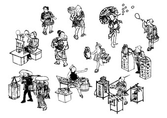 江戸時代　商人　商売　商売道具　商品　食べ物　飲食　日本人　侍　武士　農民　女中