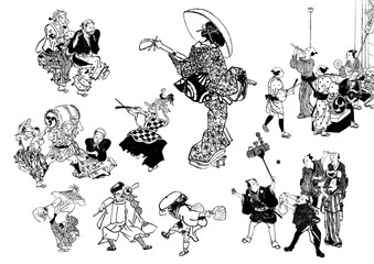 江戸時代　神楽　踊り　商人　商売　商売道具　商品　食べ物　飲食　日本人　侍　武士　農民　女中