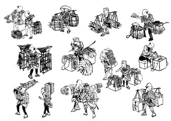 江戸時代　商人　商売　商売道具　商品　食べ物　飲食　日本人　侍　武士　農民　女中