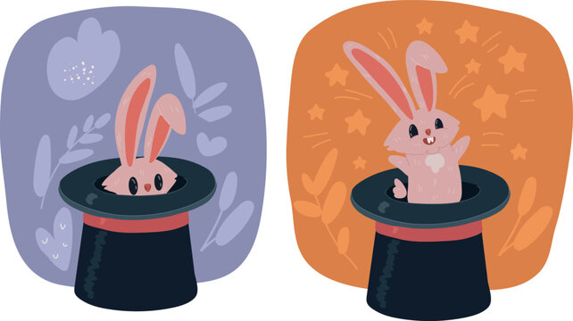 Vector illustration of Wizard conjure cylinder. Magic hat with bunny ears. Magician hat with rabbit. Circus show, abracadabra wand. Magic rabbit in hat, bunny trick