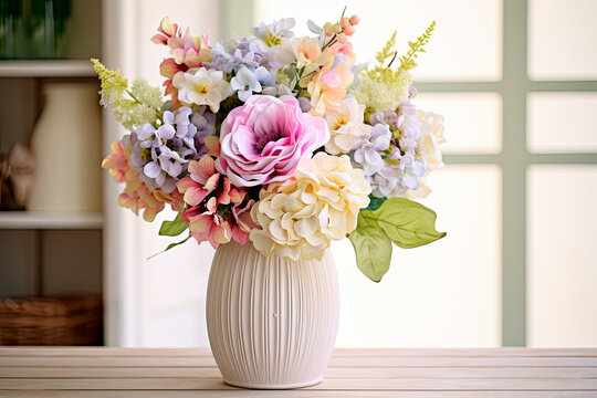 white vase with many beautiful bouquet colored flowers