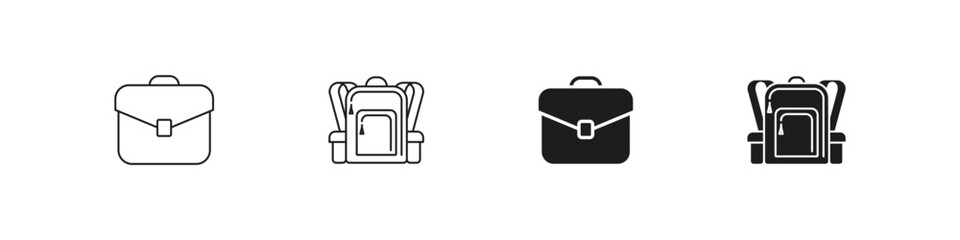 Backpack and bag outline and flat icon set. Schoolbag for stationery symbol collection.