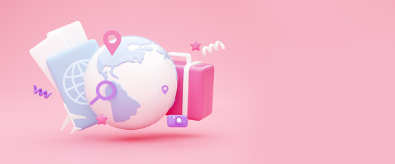 3D illustration for travelling, tourism concept, copy space, banner