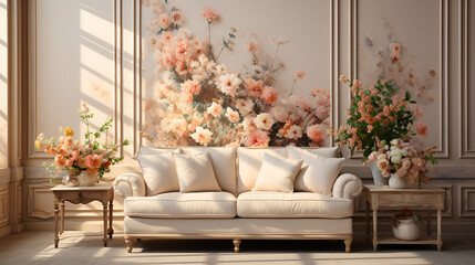 Walls are painted in warm neutral colors. Sofa and armchair in classic floral pattern