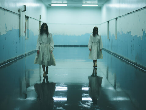two women walking through blue gymnasium, in the style of laura makabresku, ai generated.