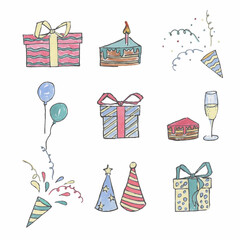 Hand drawn set of birthday party element collection. Watercolor and liner