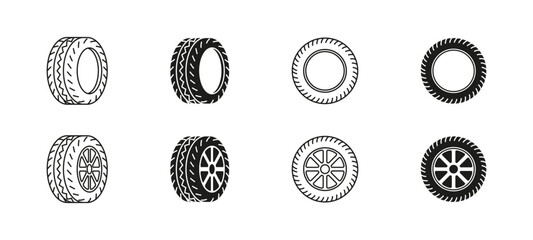 Wheel tires vector icon set. Black outline and flat car rubber wheels.