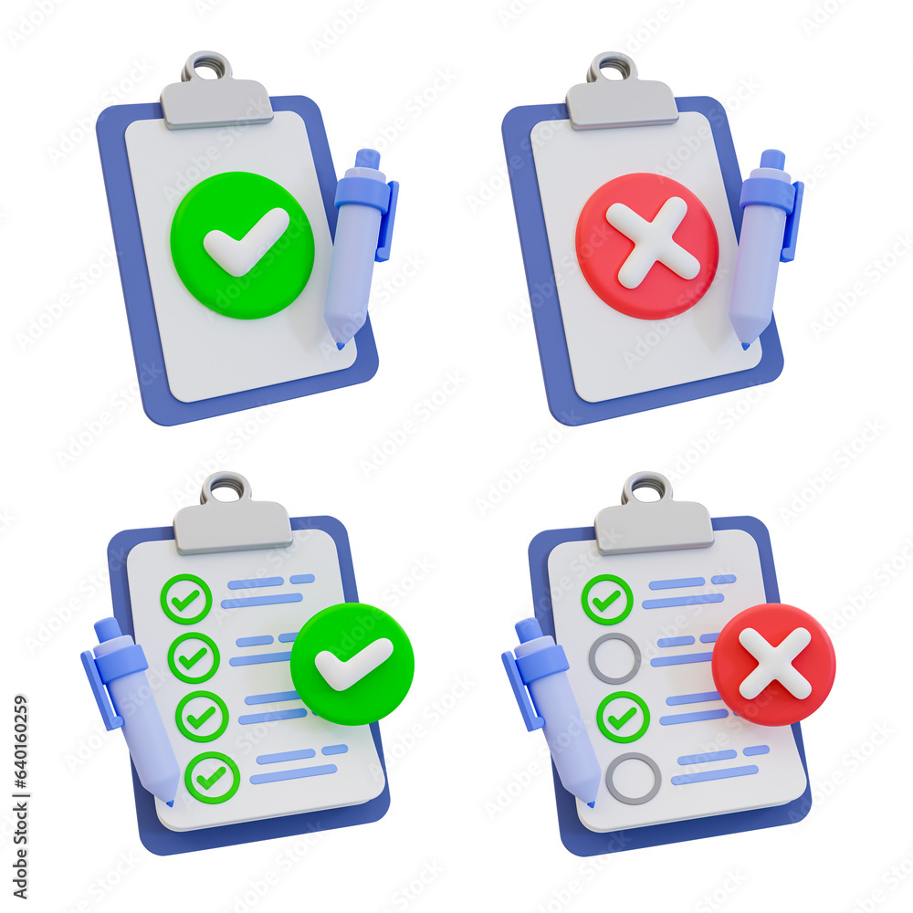 Fototapete 3d minimal set of documents accepted and documents canceled. the clipboard with check mark and cross
