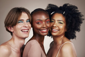 Portrait, diversity and people with makeup, smile and dermatology isolated on studio background....
